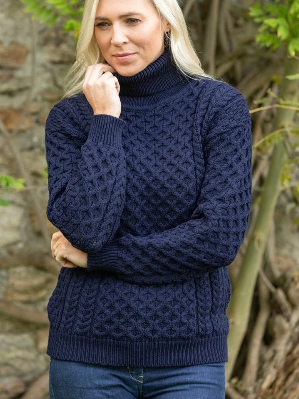 Ireland Aran Crafts Merino Wool Navy Cable-Knit Turtleneck Sweater